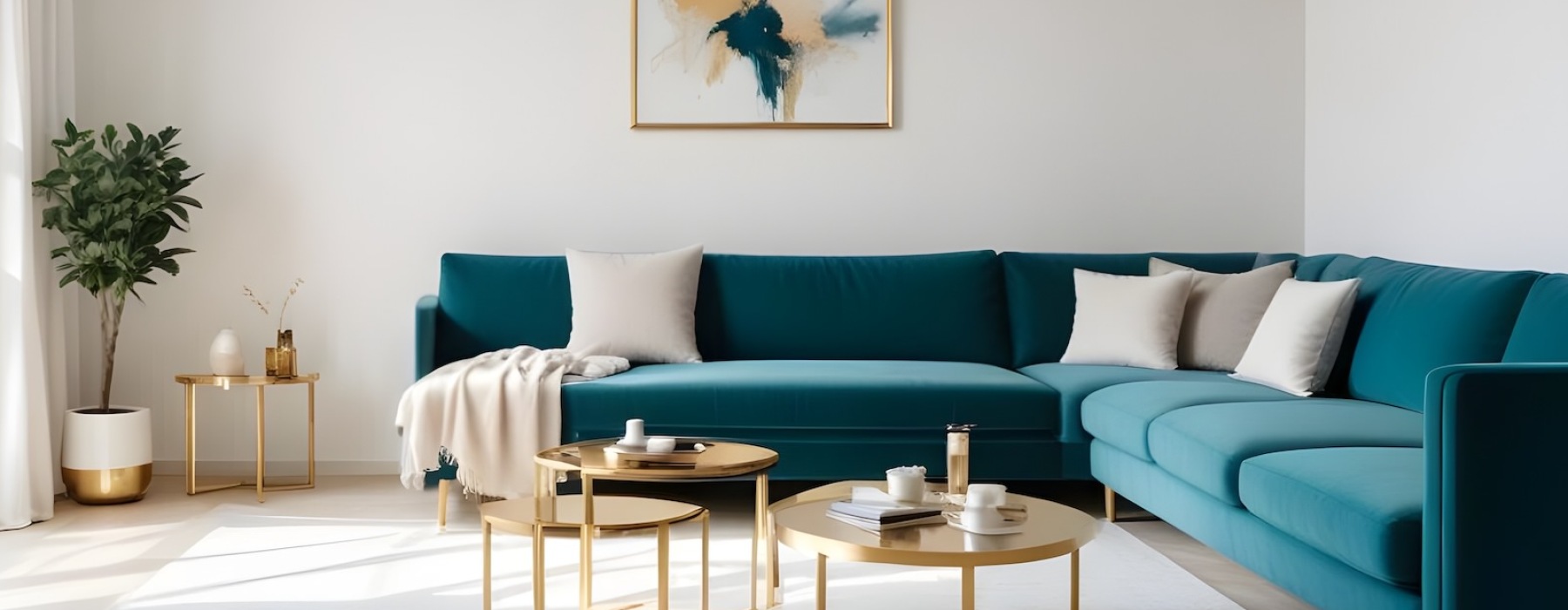 a living room with blue couches