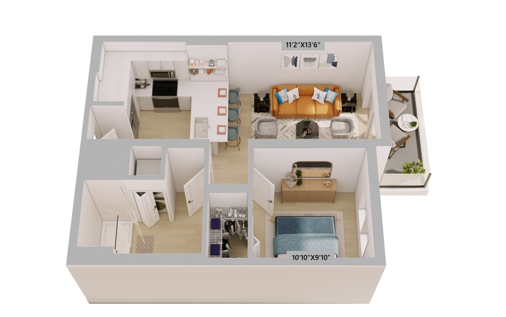The Palm - 1 bedroom floorplan layout with 1 bathroom and 573 square feet (3D)